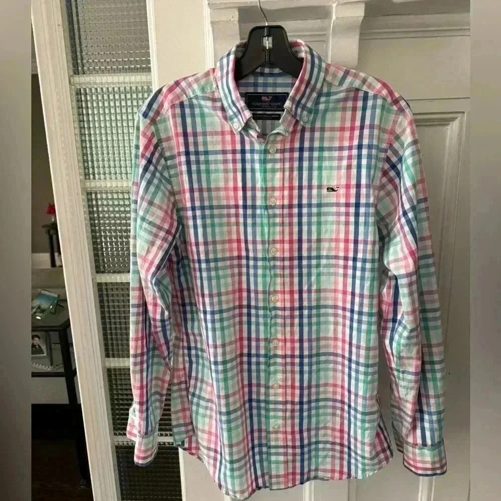 Vineyard vines men’s bottom up long sleeve shirt pastel plaid sz small